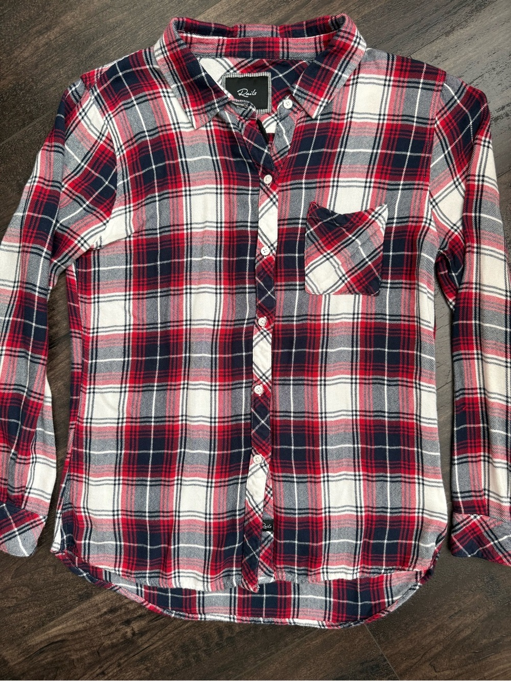 Rails Hunter Plaid Button Up Shirt Red Navy Ivory Rayon Flannel Soft Medium